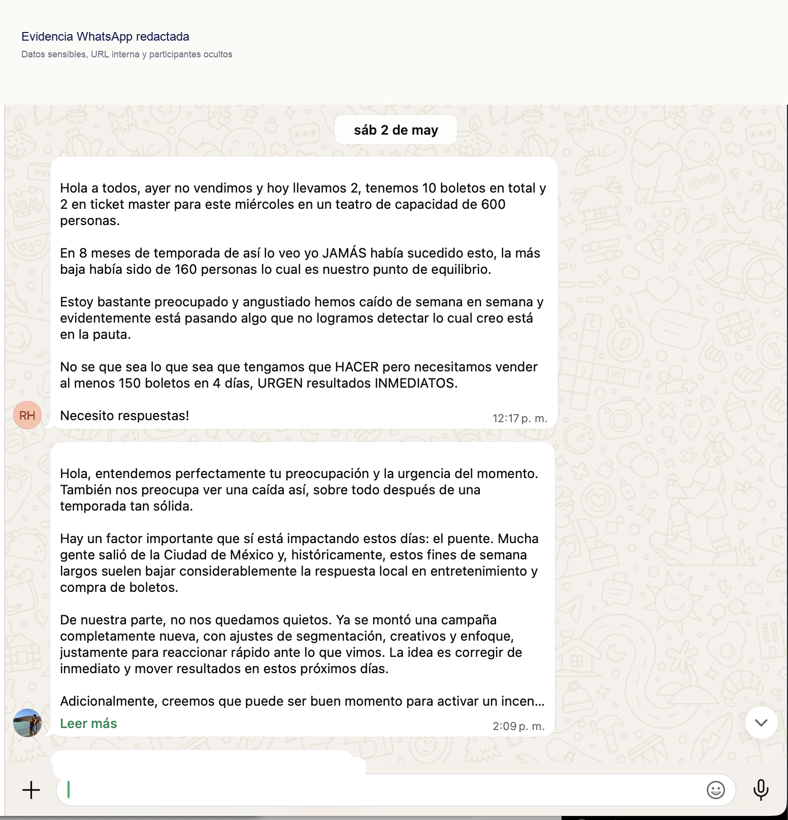 WhatsApp — el productor reporta ventas críticas